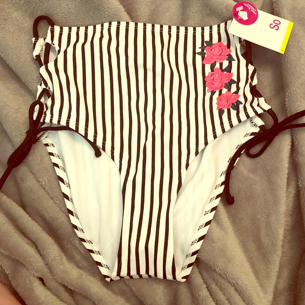 High Waist Swim Suit Bottom Black/White Stripe NWT